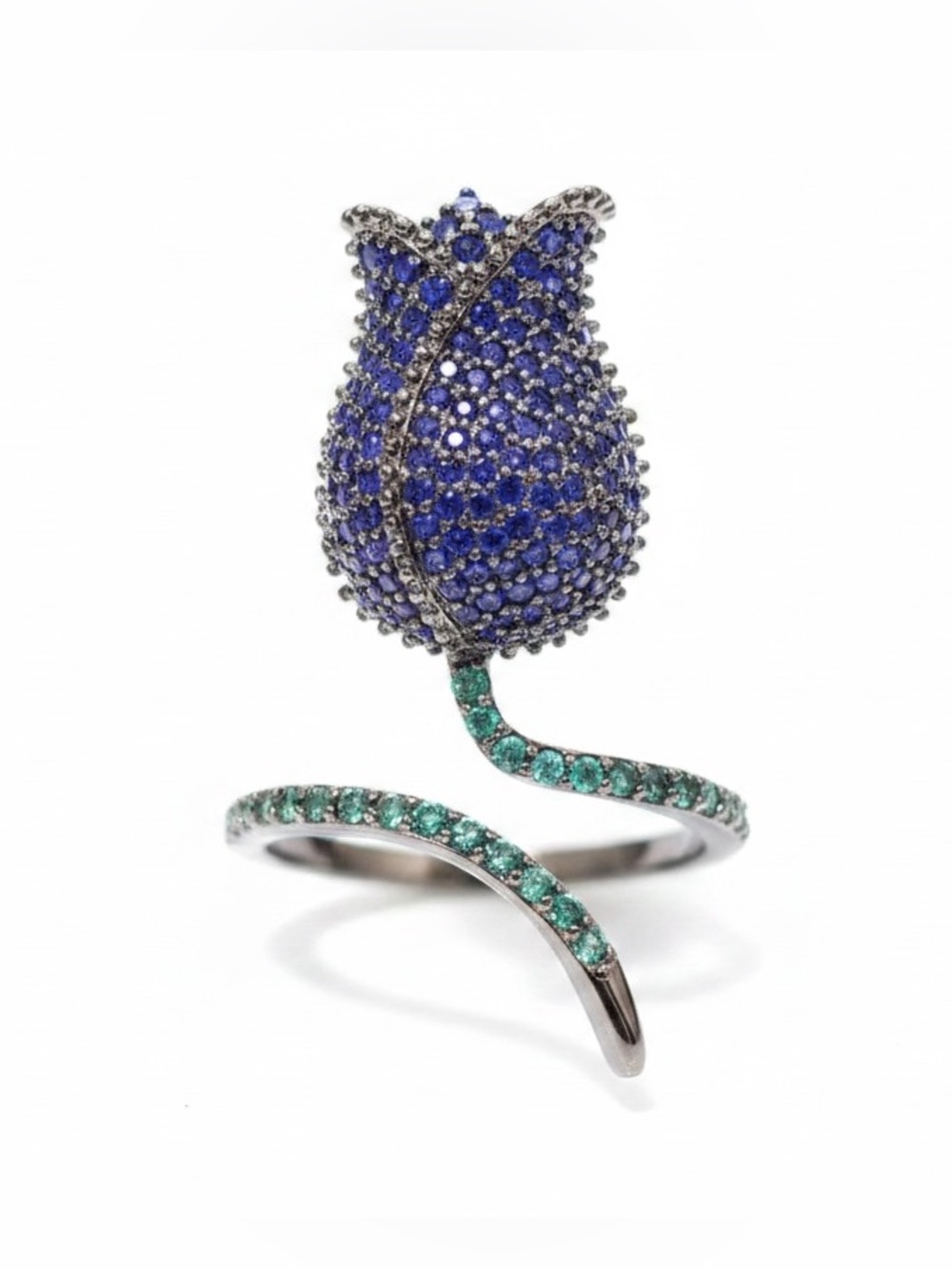 Blue Green CZ Gunmetal Tulip Adjustable Ring